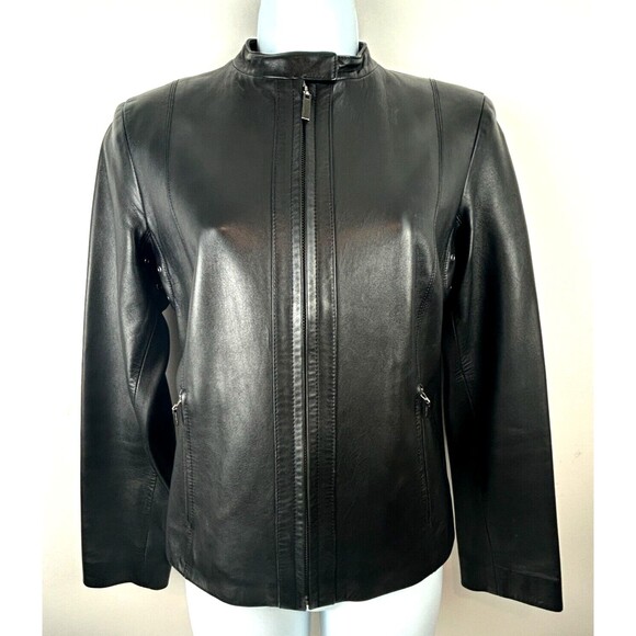 Cole Haan Women's Lambskin Leather Moto Biker Jacket Black Size XS - Picture 16 of 16